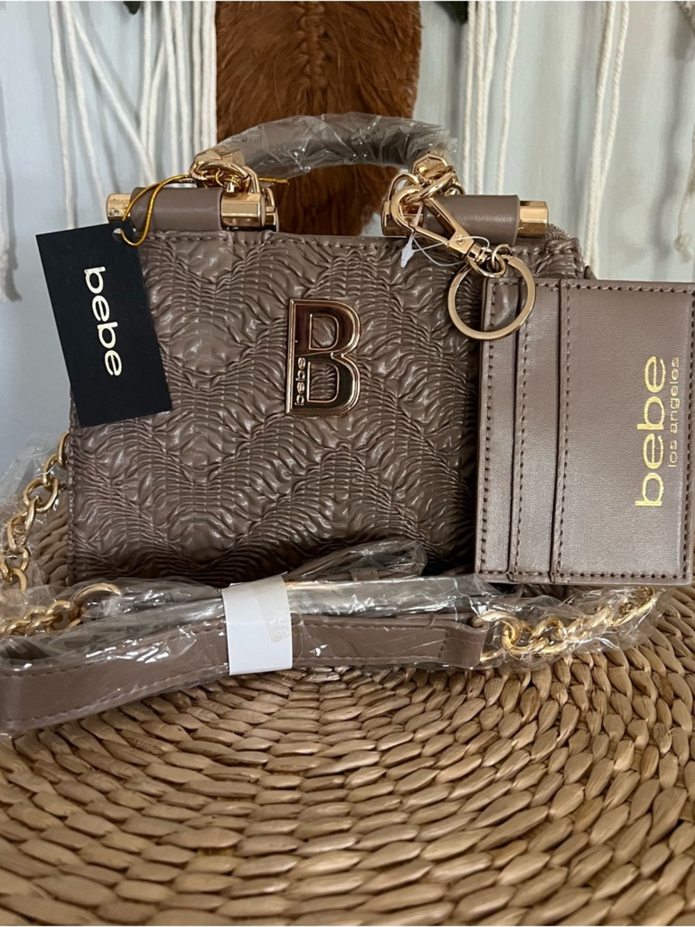 bebe Taupe Quilted Mini Satchel with Gold Hardware and Cardholder